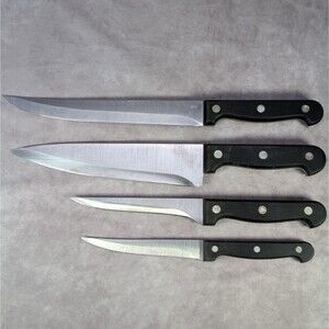 4 Vintage Heavy Quality Kitchen Knives Full Tang Black Wood Handle Taiwan